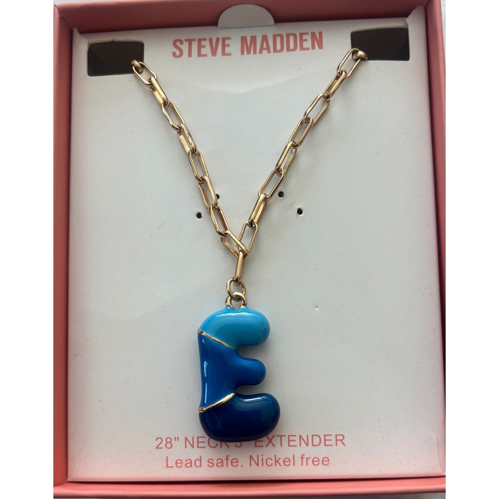 Steve Madden Blue Ombre Enamel Initial E Paperclip Chain Necklace 582011CB400